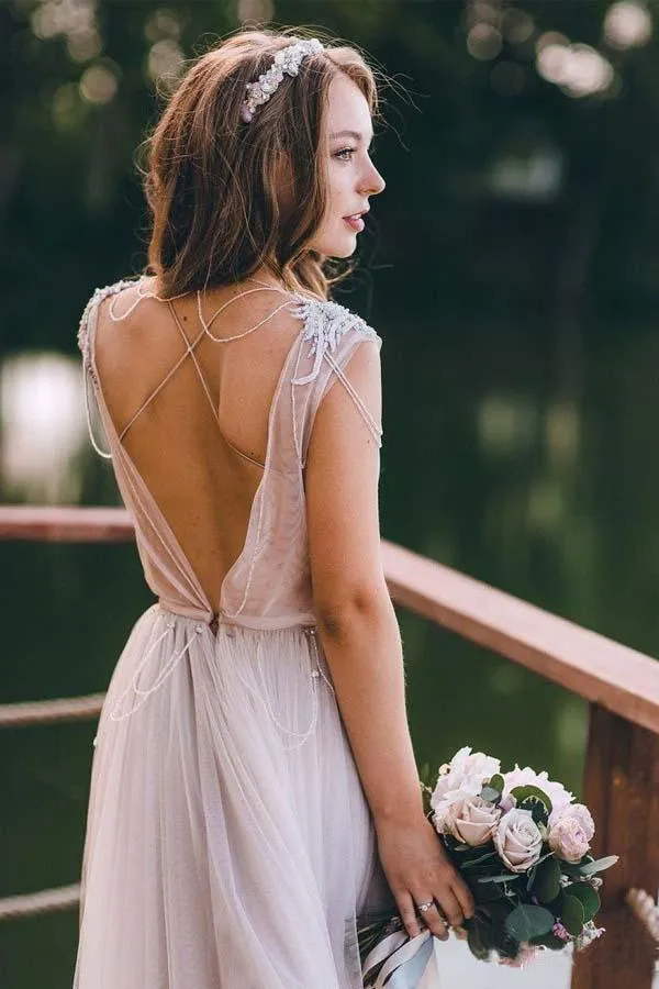 A-line Cap Sleeves Silver Long Tulle  Beach Wedding Dress  WD323