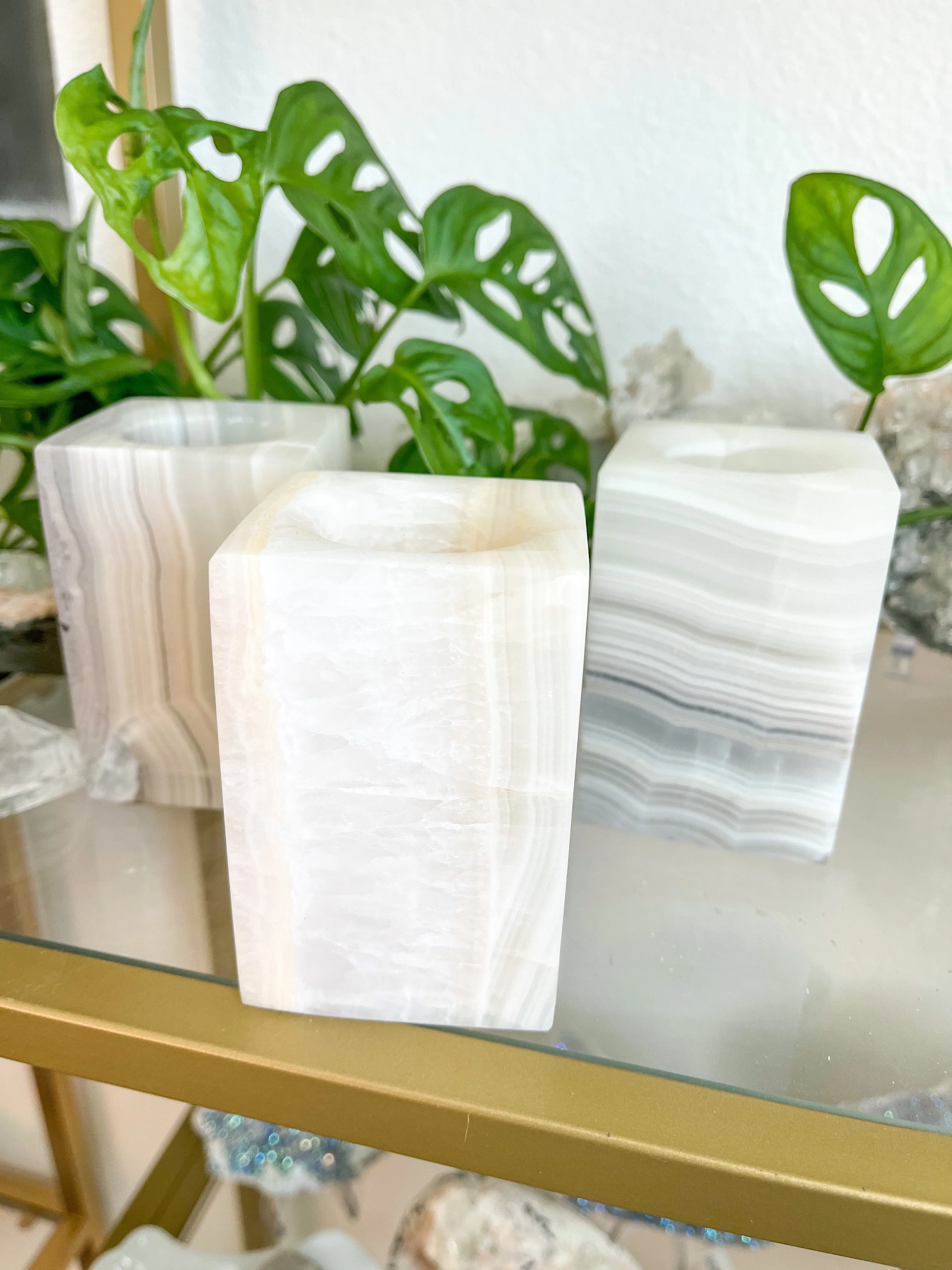 Banded White and Gray Onyx Stone Candle Holder