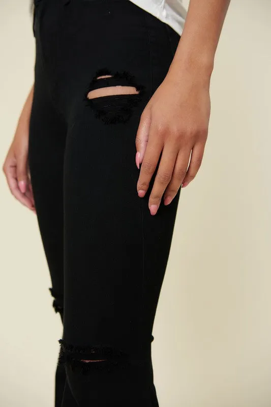 Black Distressed High Rise Flare Jeans
