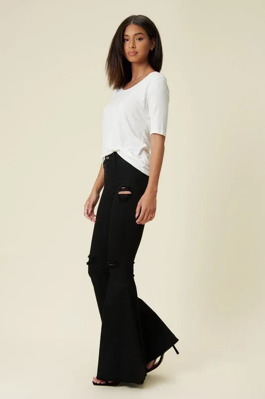 Black Distressed High Rise Flare Jeans