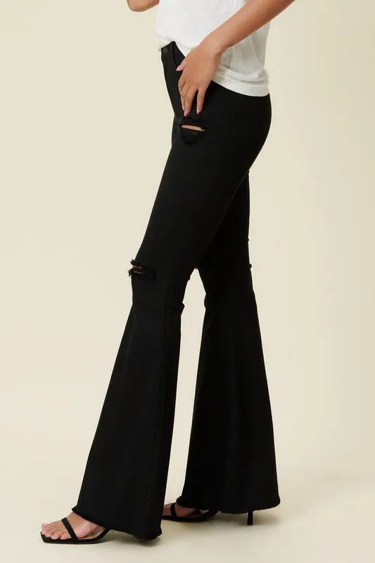 Black Distressed High Rise Flare Jeans