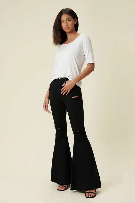 Black Distressed High Rise Flare Jeans