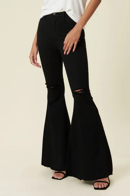 Black Distressed High Rise Flare Jeans