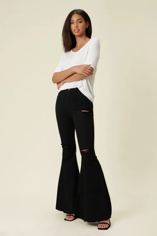 Black Distressed High Rise Flare Jeans