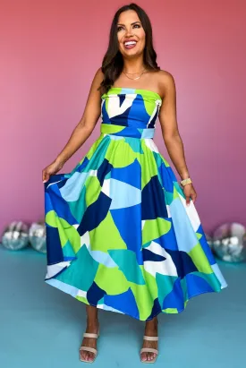 Blue Abstract Print Removable Strap Midi Dress *FINAL SALE*