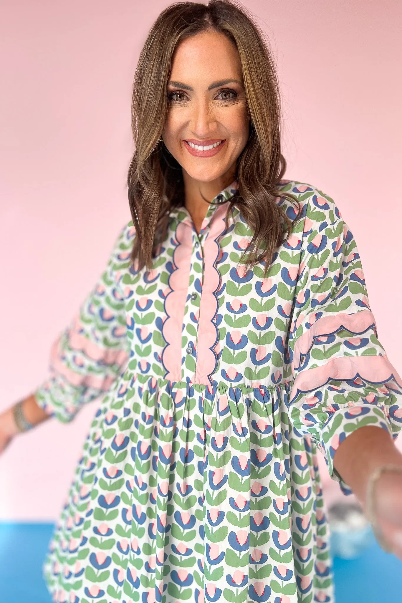 Blue Tulip Print Contrast Scallop Trim Dress
