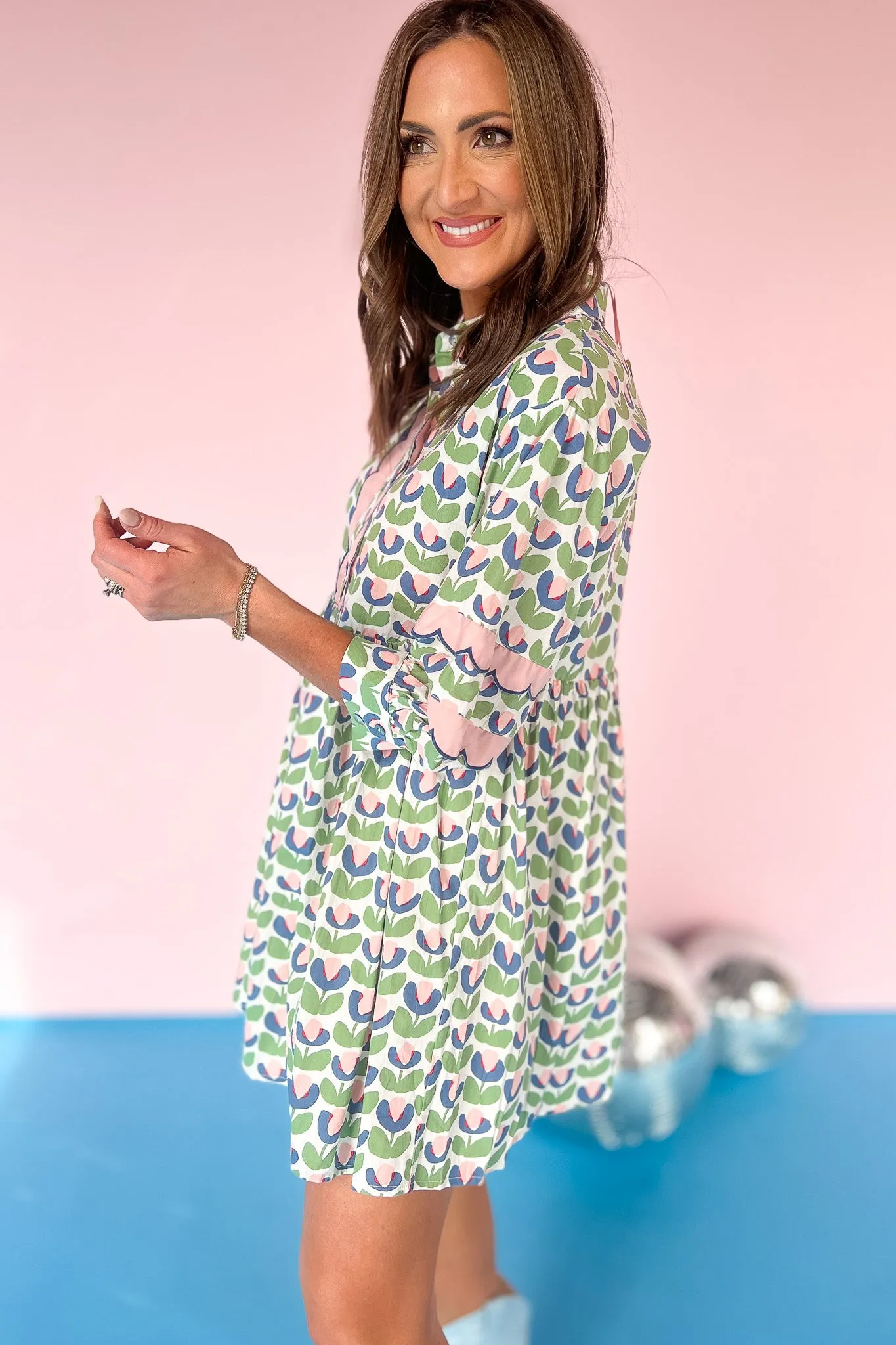 Blue Tulip Print Contrast Scallop Trim Dress