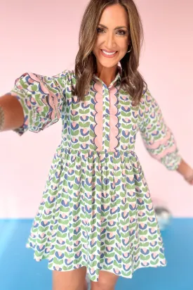 Blue Tulip Print Contrast Scallop Trim Dress