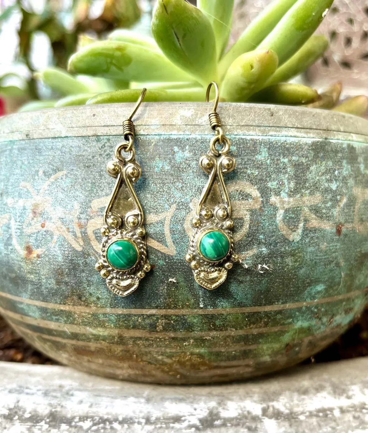 Brass Teardrop Gemstone Earings