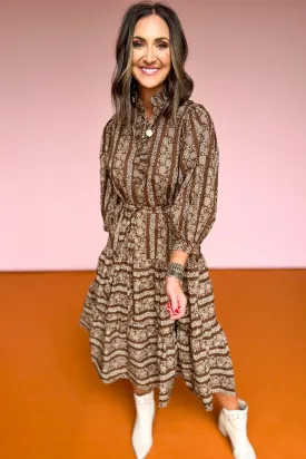 Brown Floral Print 3/4 Sleeve Button Front Self Tie Waist Midi Dress