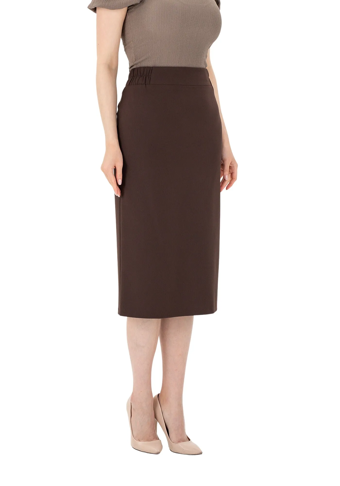Brown Midi Pencil Skirt with Elastic Waist and Closed Back Vent - G-Line