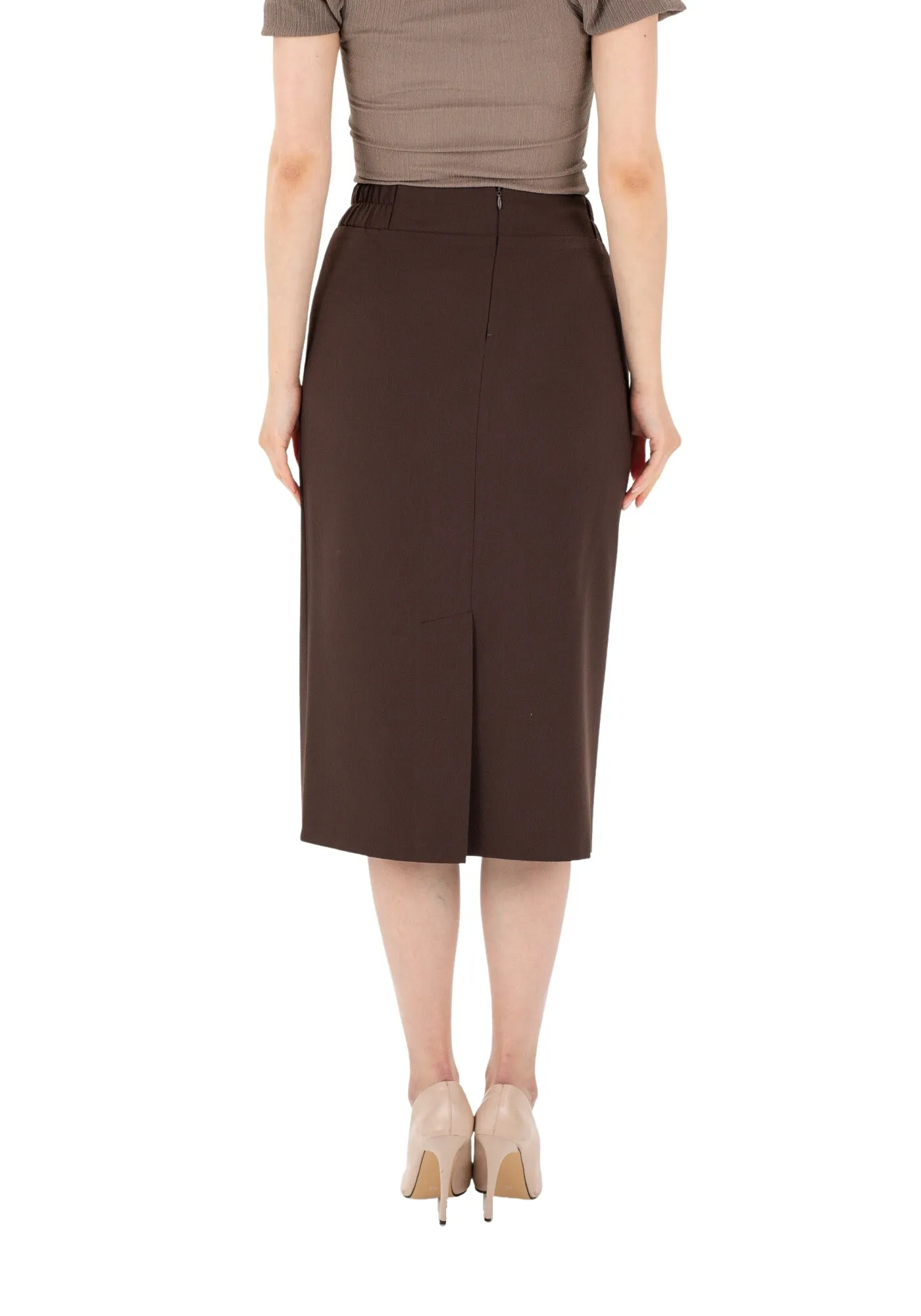 Brown Midi Pencil Skirt with Elastic Waist and Closed Back Vent - G-Line