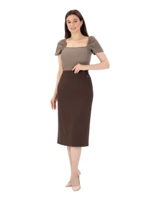 Brown Midi Pencil Skirt with Elastic Waist and Closed Back Vent - G-Line