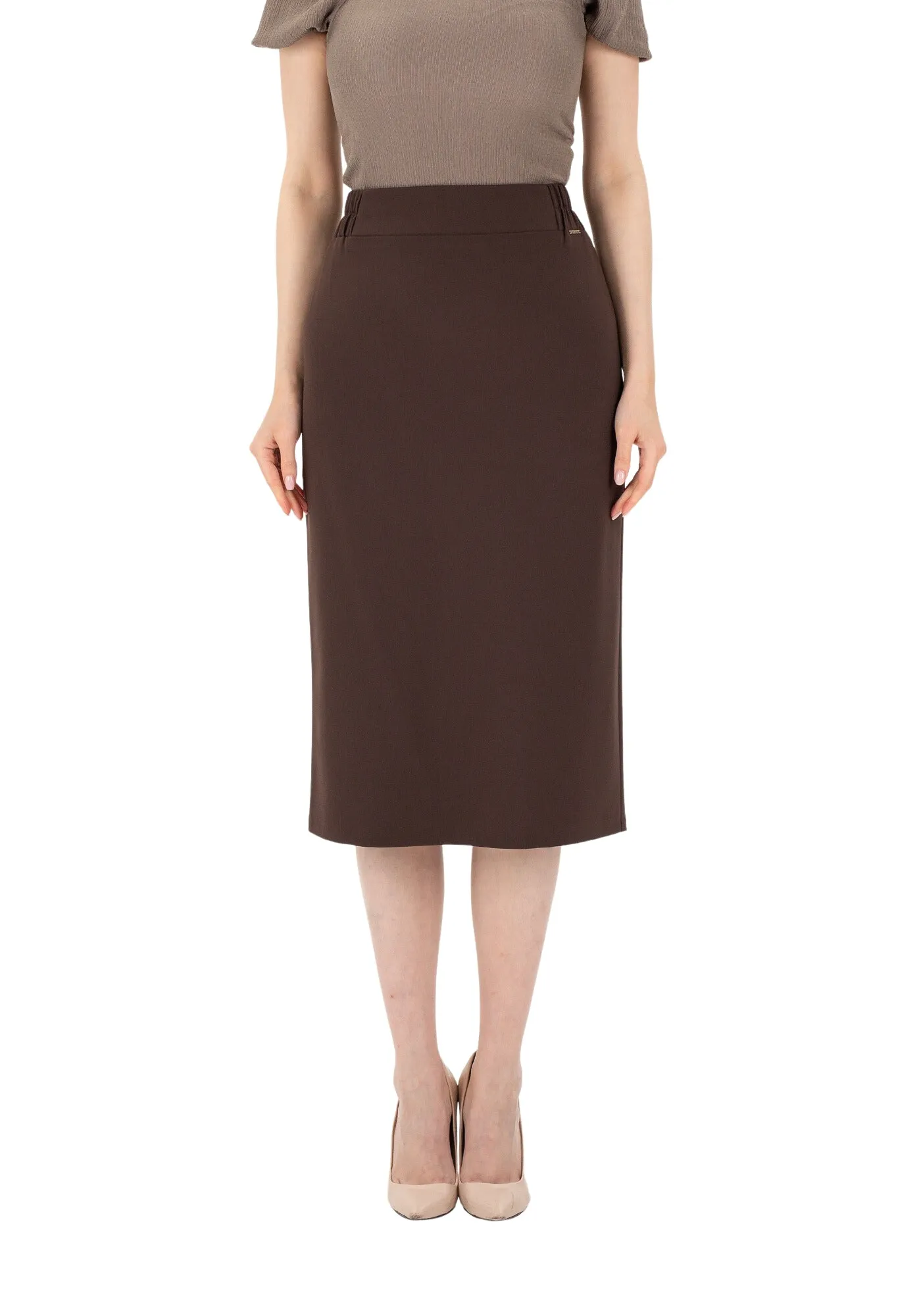 Brown Midi Pencil Skirt with Elastic Waist and Closed Back Vent - G-Line