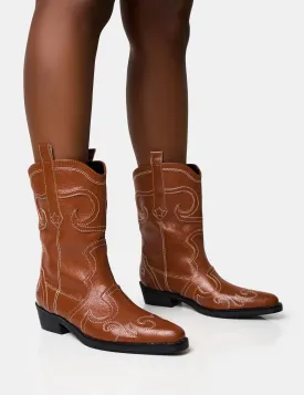 Folklore Tan Embroidered Flat Western Ankle Boots
