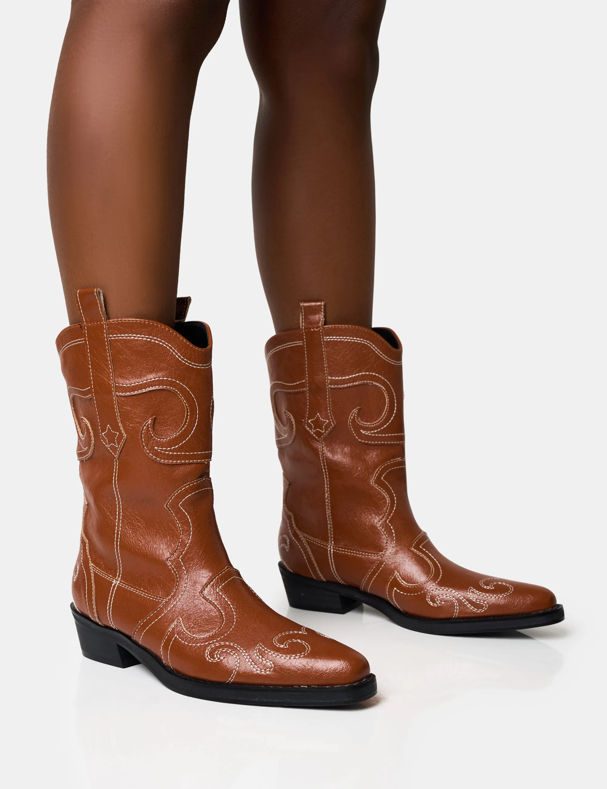 Folklore Tan Embroidered Flat Western Ankle Boots