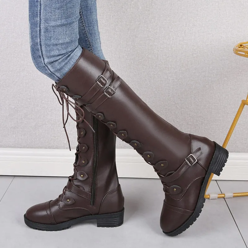 Funki Buys | Boots | Women's Roman Lace Up High Flat Boots
