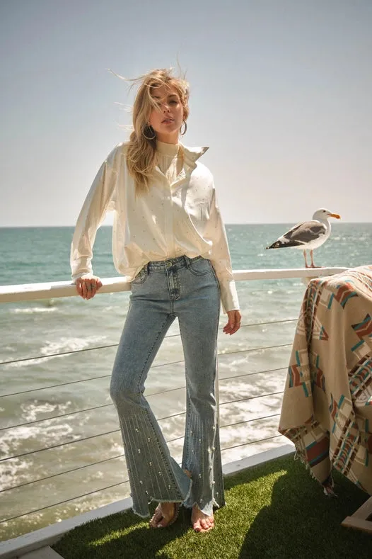 High Waist Scallop Flare W/ Rhinestone Trim Jeans