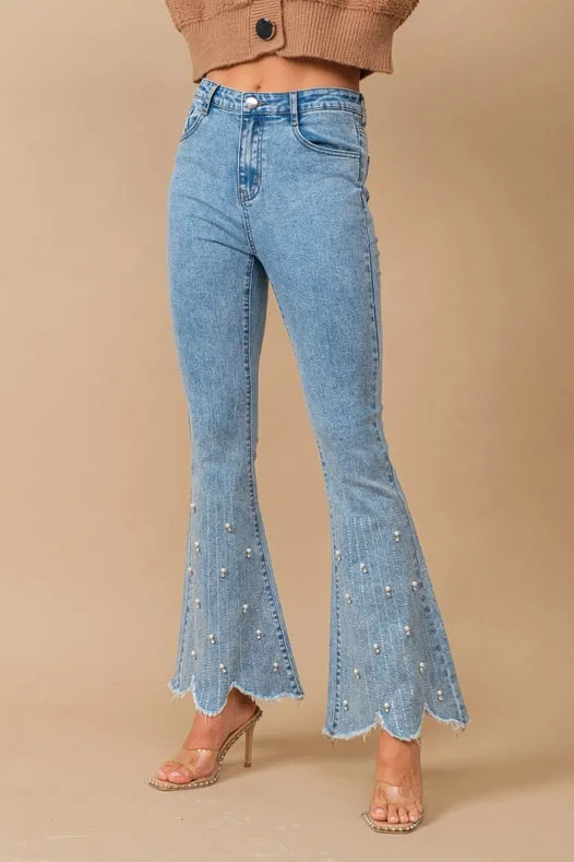 High Waist Scallop Flare W/ Rhinestone Trim Jeans