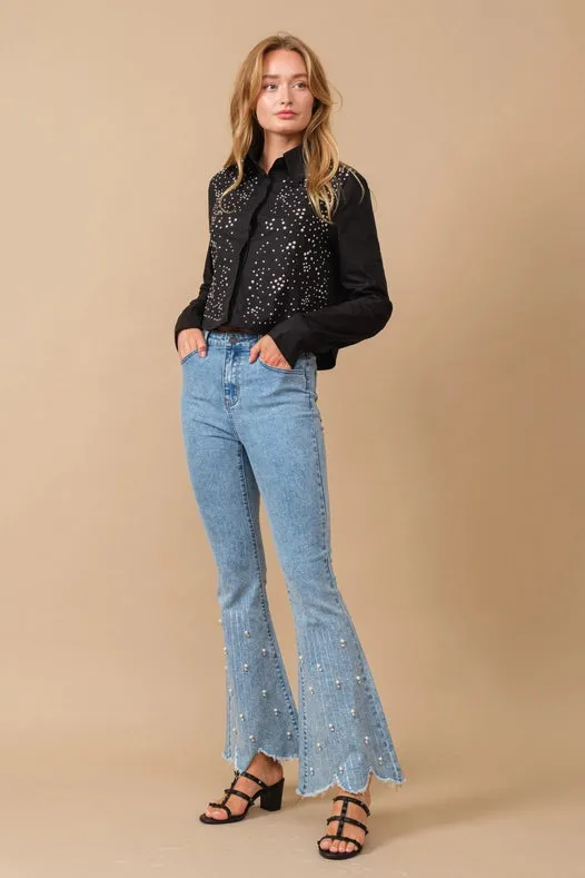 High Waist Scallop Flare W/ Rhinestone Trim Jeans