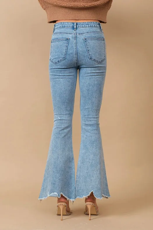 High Waist Scallop Flare W/ Rhinestone Trim Jeans