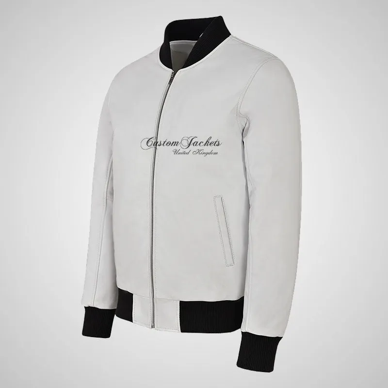 JACK Men's White Leather Bomber Jacket Varsity Jacket