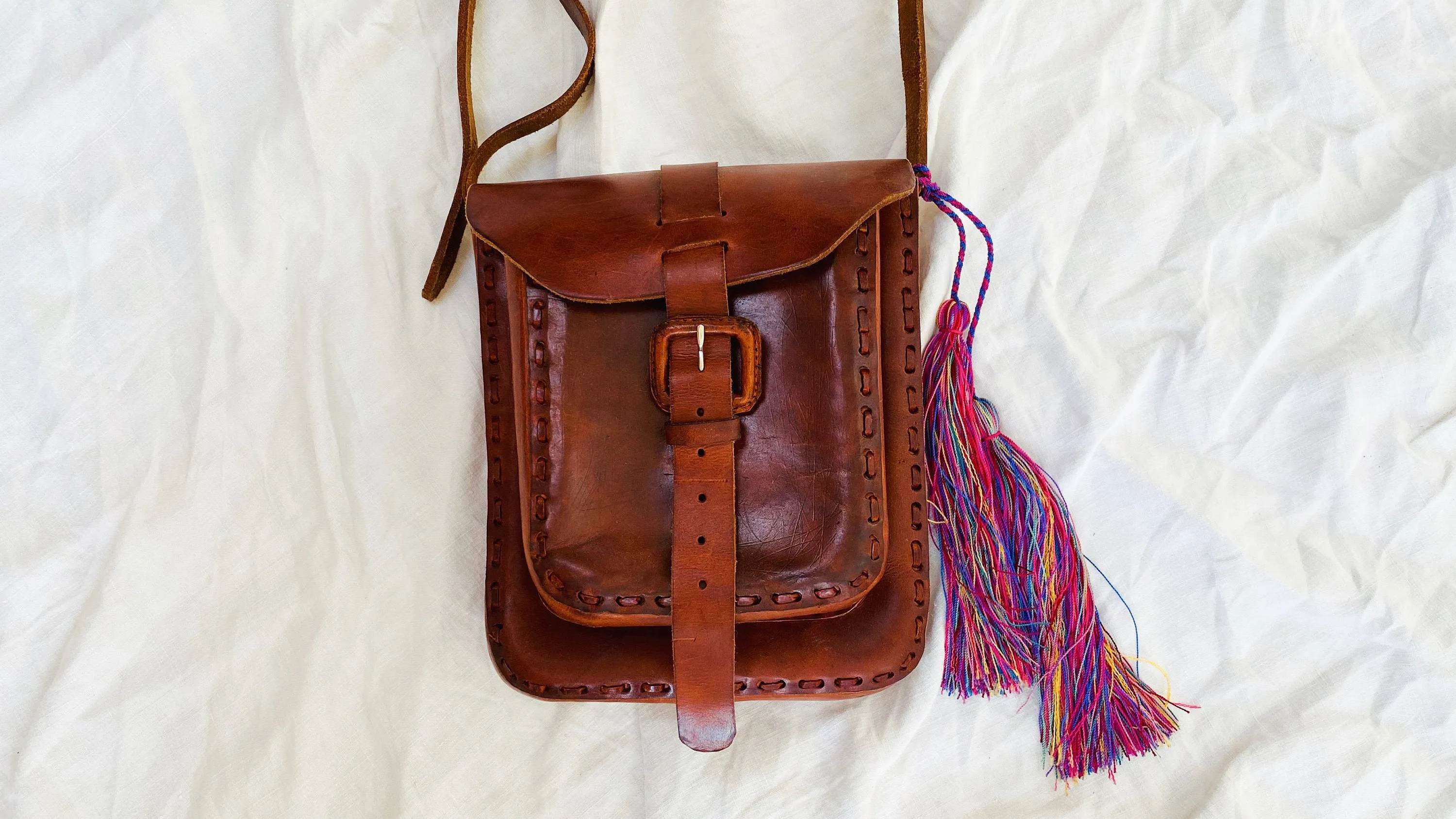 Leather Bag. Adjustable Strap. Zinacantan Tassels