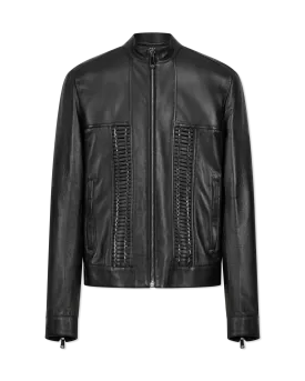 Leather Moto Jacket With Woven Chain Detail