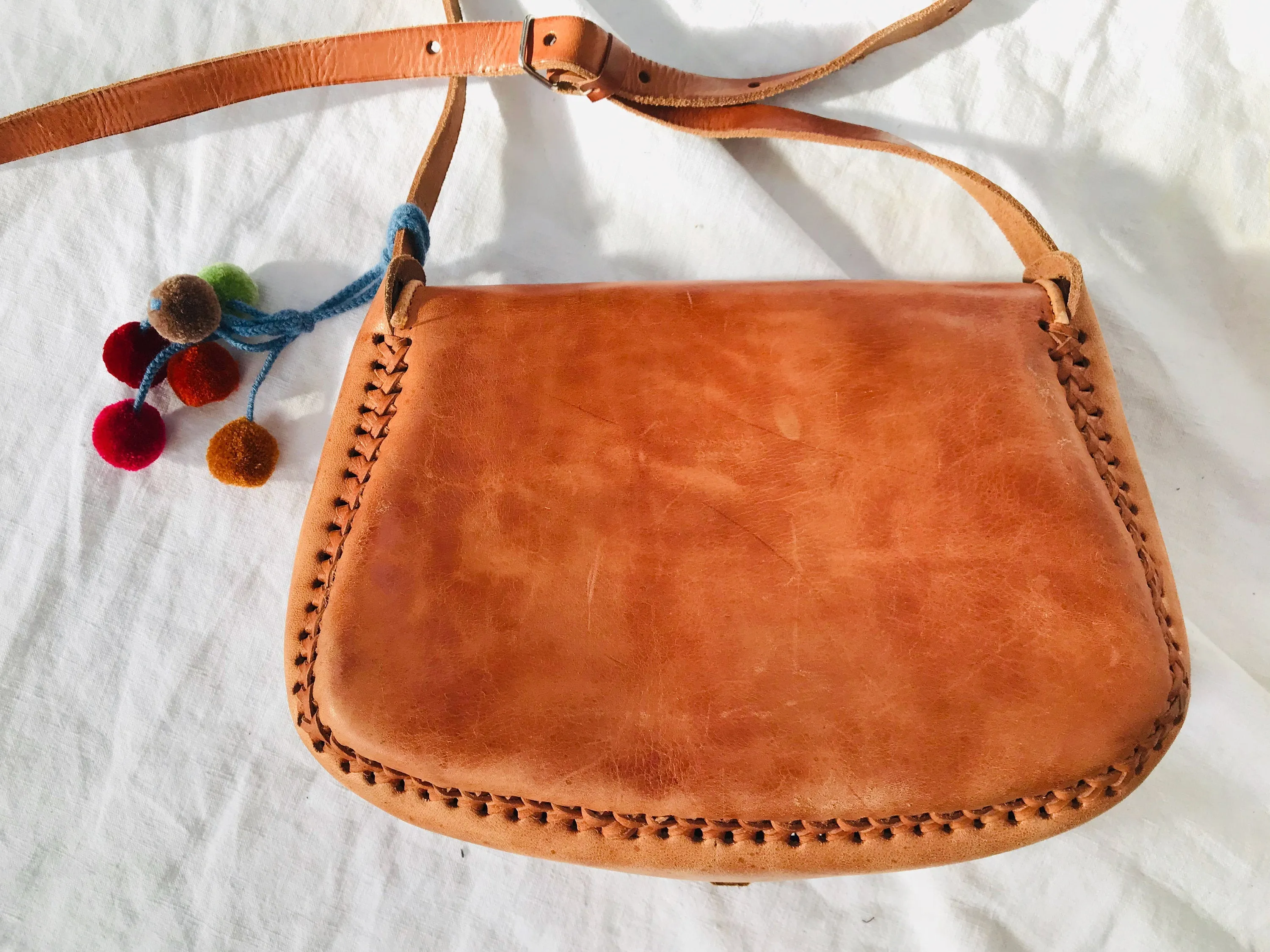 Leather Purse. Adjustable Strap. Chamula Pompom Tassels