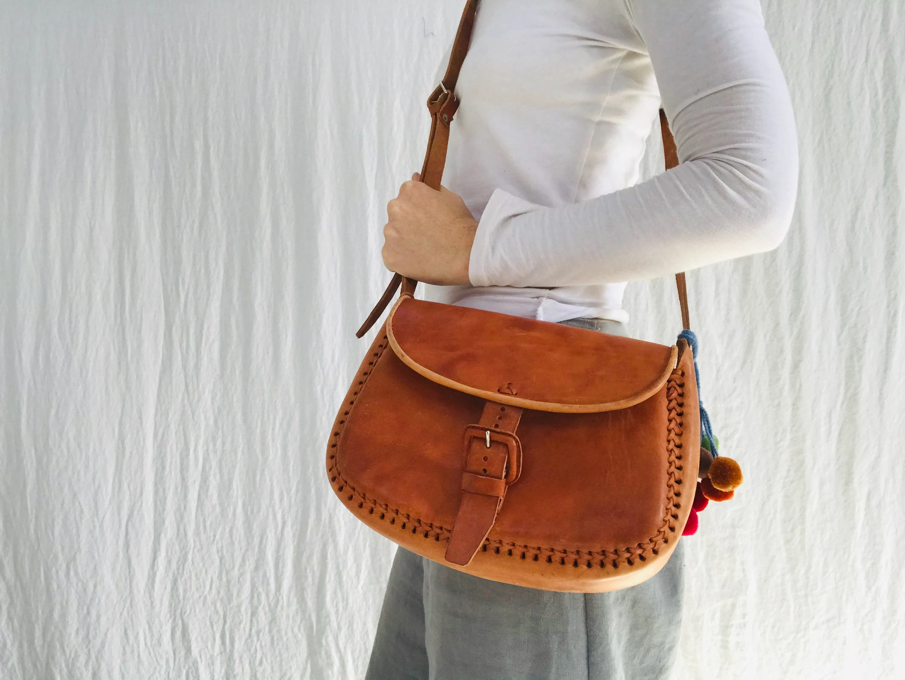 Leather Purse. Adjustable Strap. Chamula Pompom Tassels