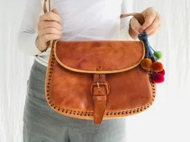 Leather Purse. Adjustable Strap. Chamula Pompom Tassels