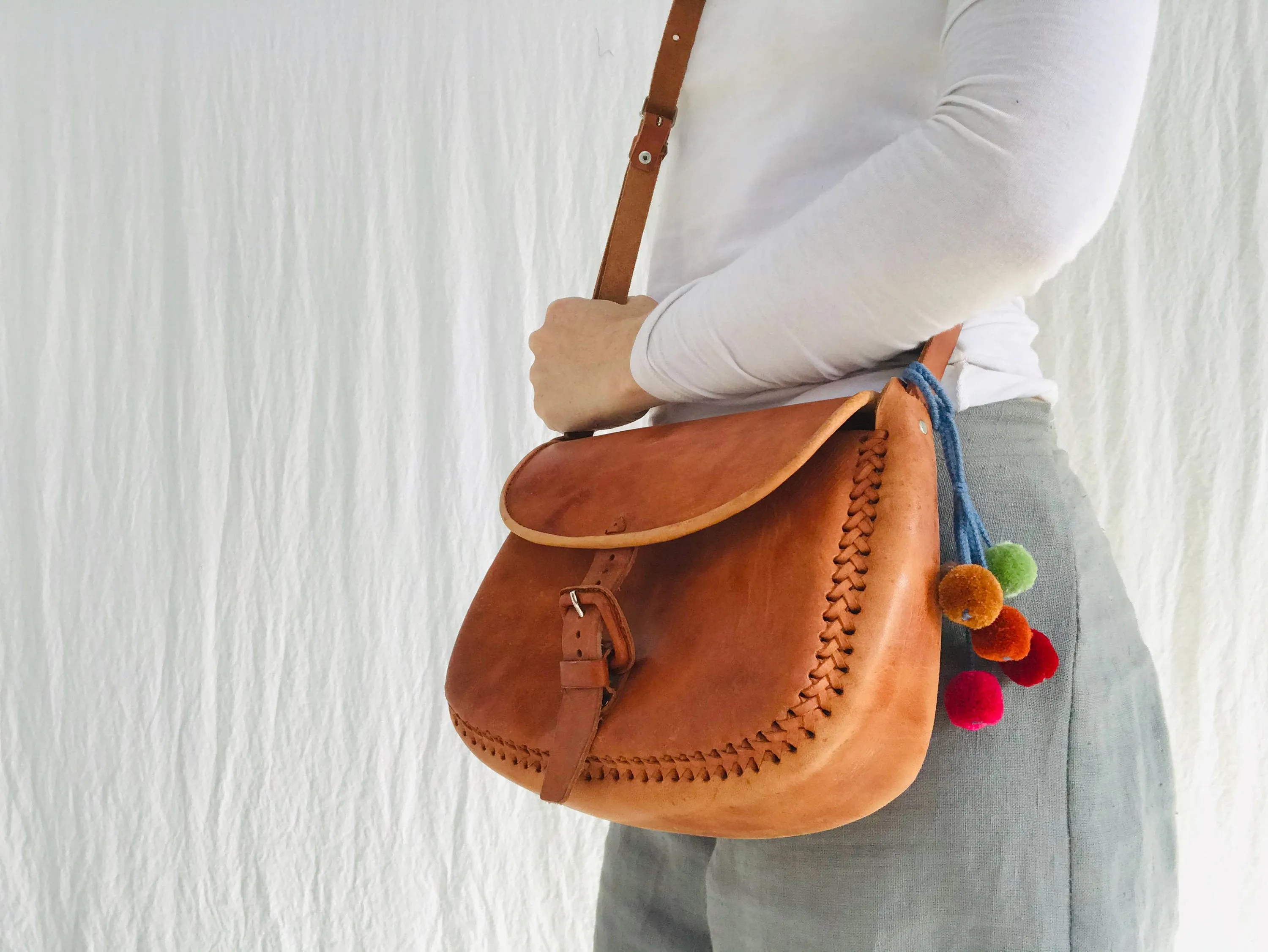Leather Purse. Adjustable Strap. Chamula Pompom Tassels
