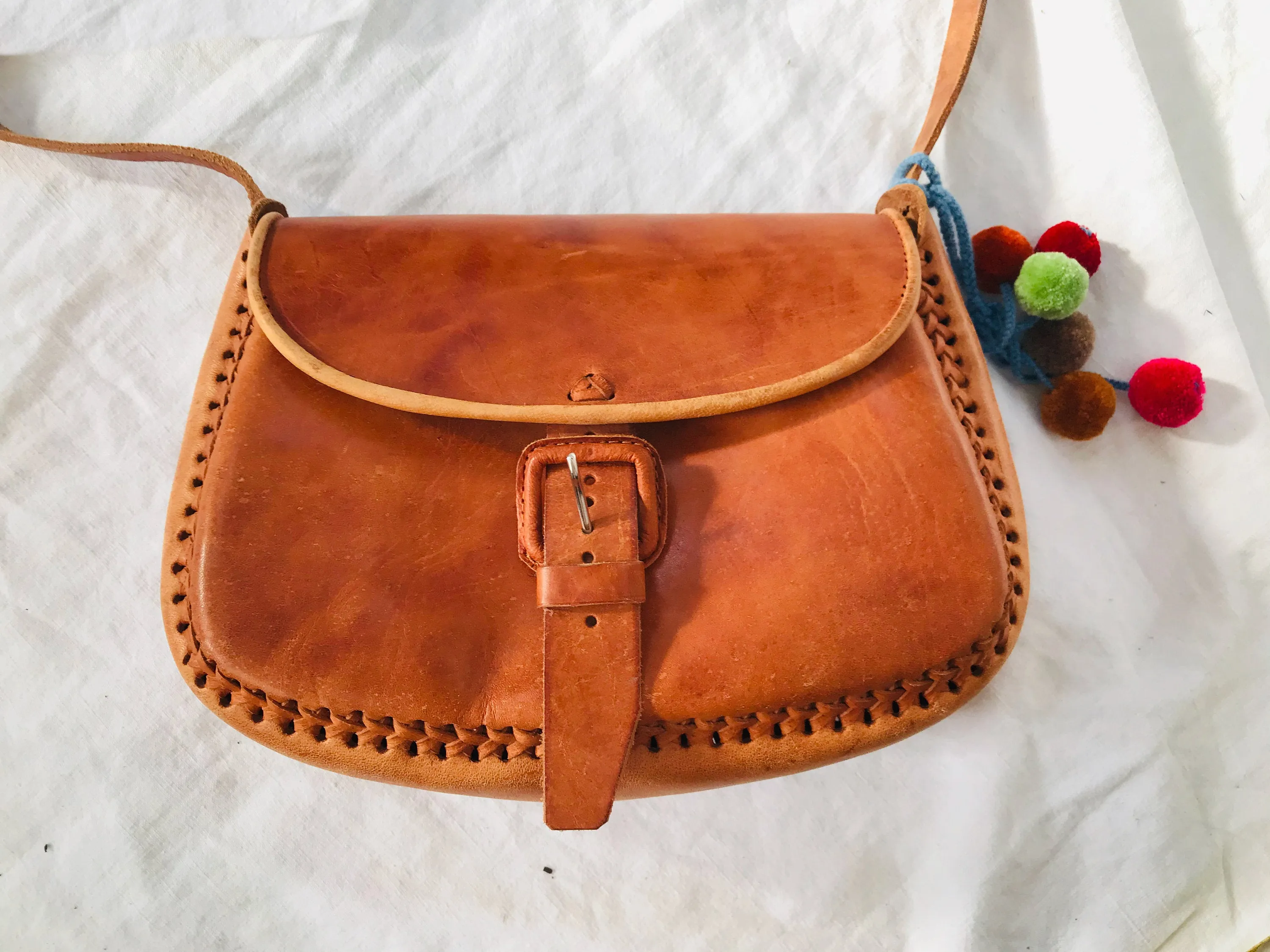 Leather Purse. Adjustable Strap. Chamula Pompom Tassels