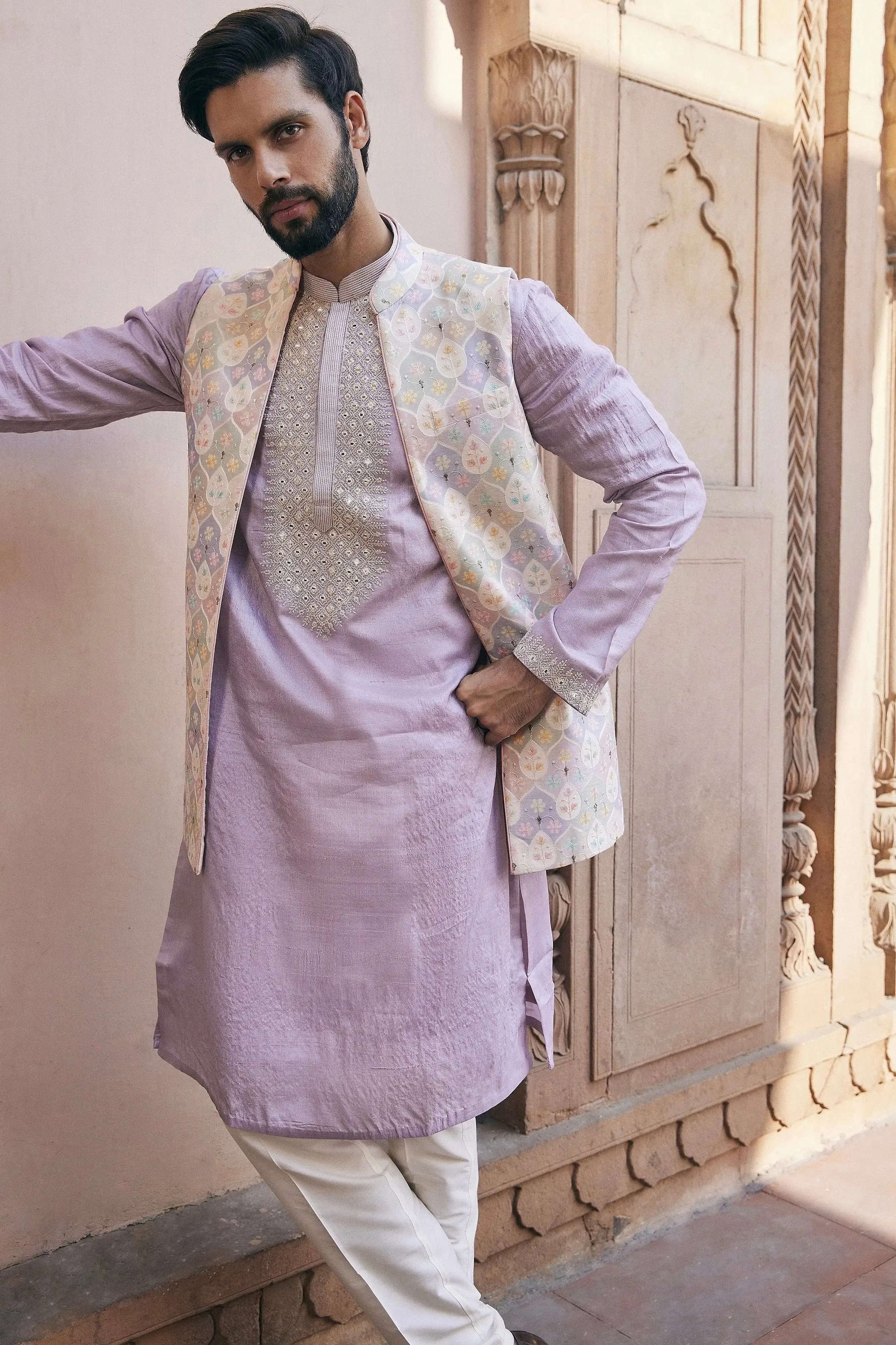 Lilac Mirror Embroidered Bundi Set