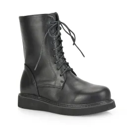Lizzo Flat Chunky Sole Platform Zip-Up Flatform Lace up Ankle Biker Boots in Black PU