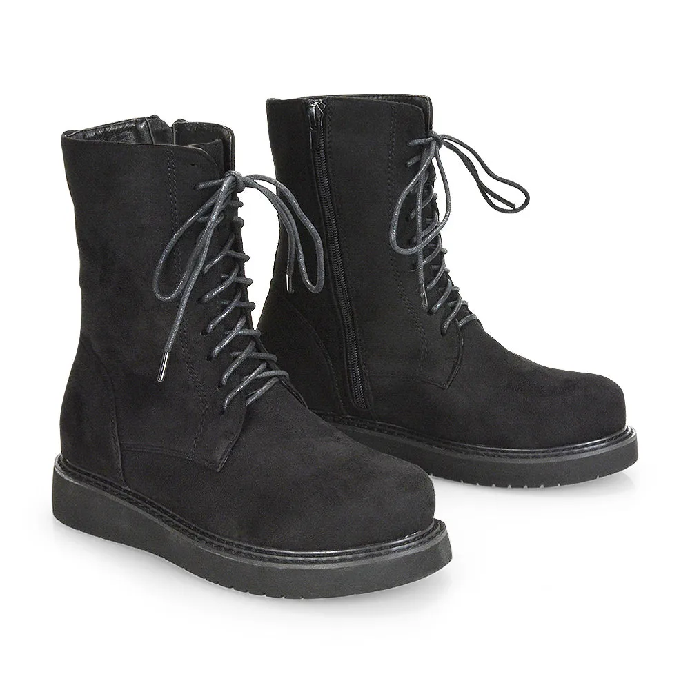 Lizzo Flat Chunky Sole Platform Zip-Up Flatform Lace up Ankle Biker Boots in Black PU