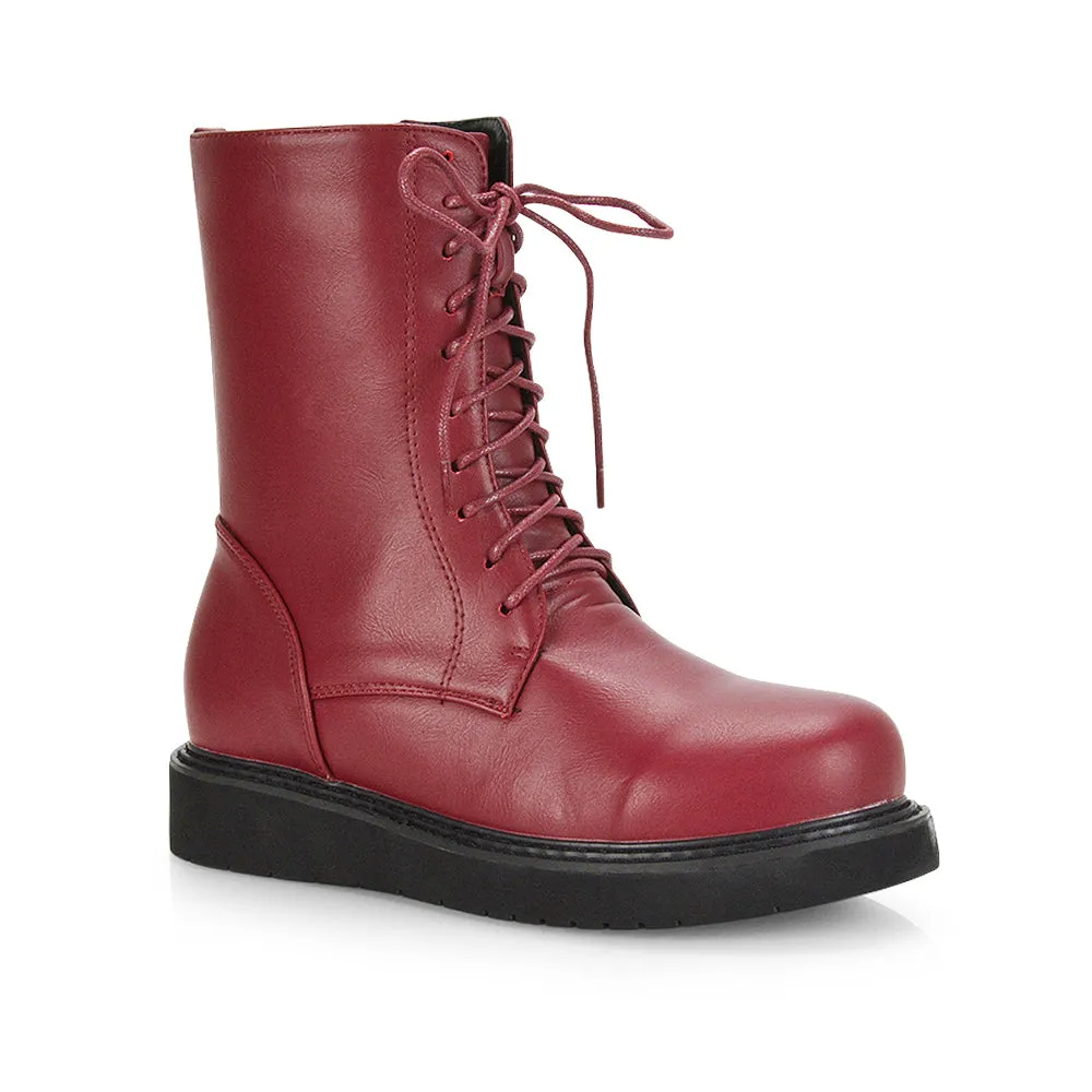 Lizzo Flat Chunky Sole Platform Zip-Up Flatform Lace up Ankle Biker Boots in Black PU
