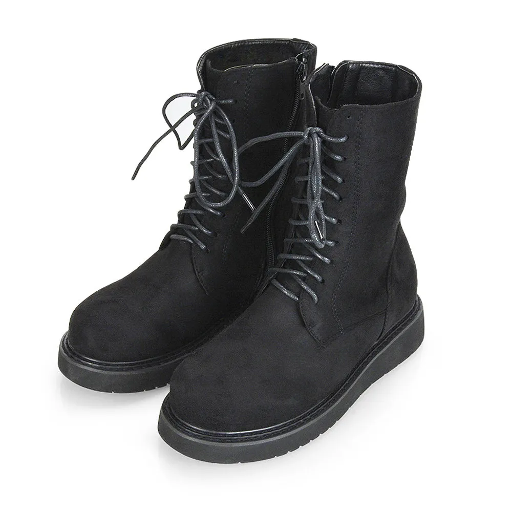 Lizzo Flat Chunky Sole Platform Zip-Up Flatform Lace up Ankle Biker Boots in Black PU