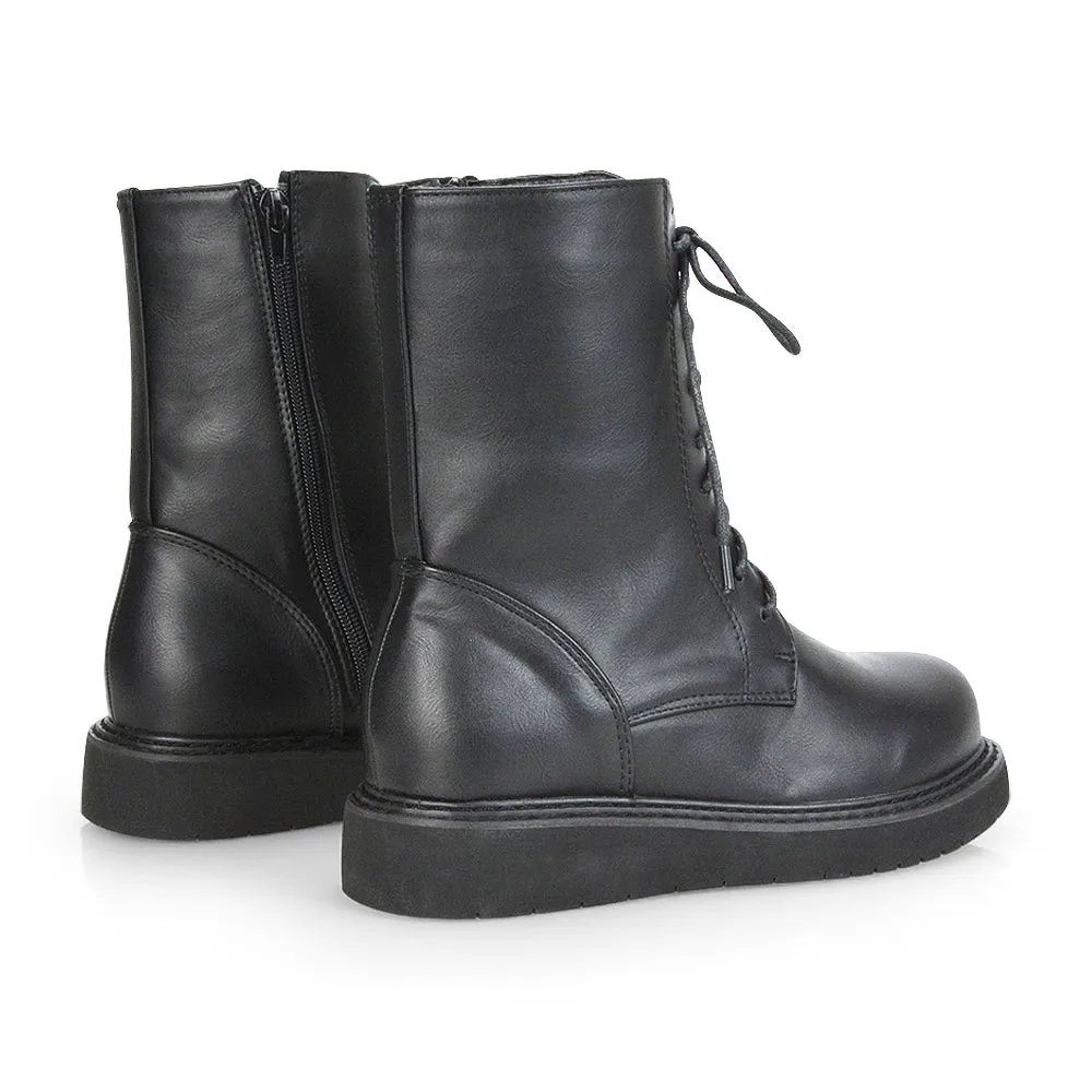 Lizzo Flat Chunky Sole Platform Zip-Up Flatform Lace up Ankle Biker Boots in Black PU