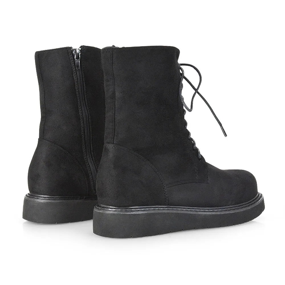 Lizzo Flat Chunky Sole Platform Zip-Up Flatform Lace up Ankle Biker Boots in Black PU