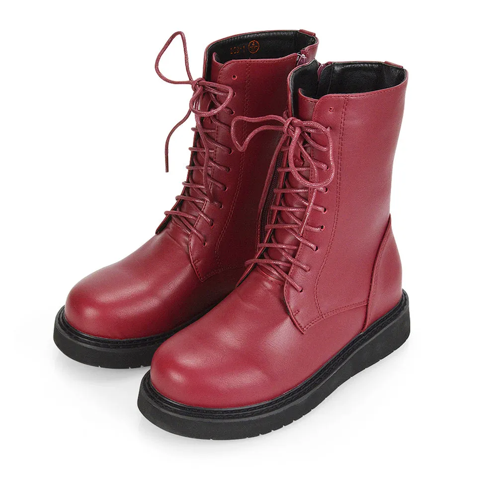 Lizzo Flat Chunky Sole Platform Zip-Up Flatform Lace up Ankle Biker Boots in Black PU
