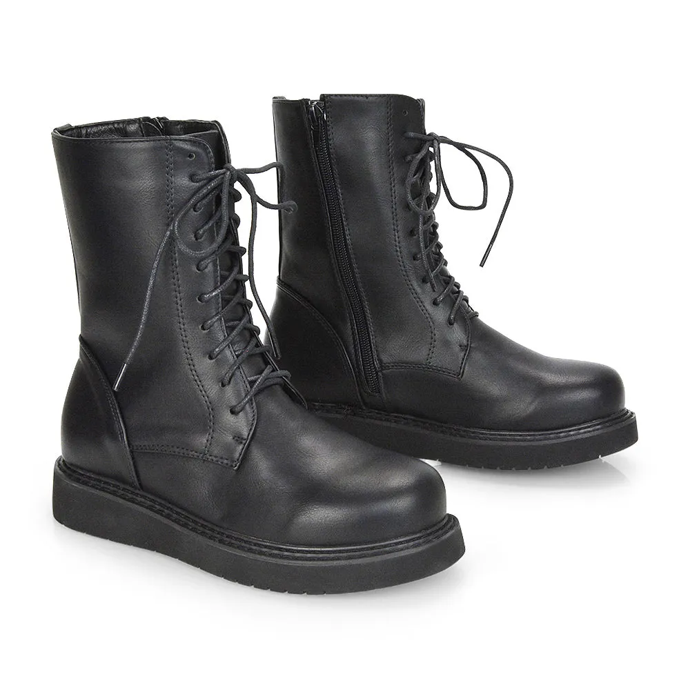 Lizzo Flat Chunky Sole Platform Zip-Up Flatform Lace up Ankle Biker Boots in Black PU