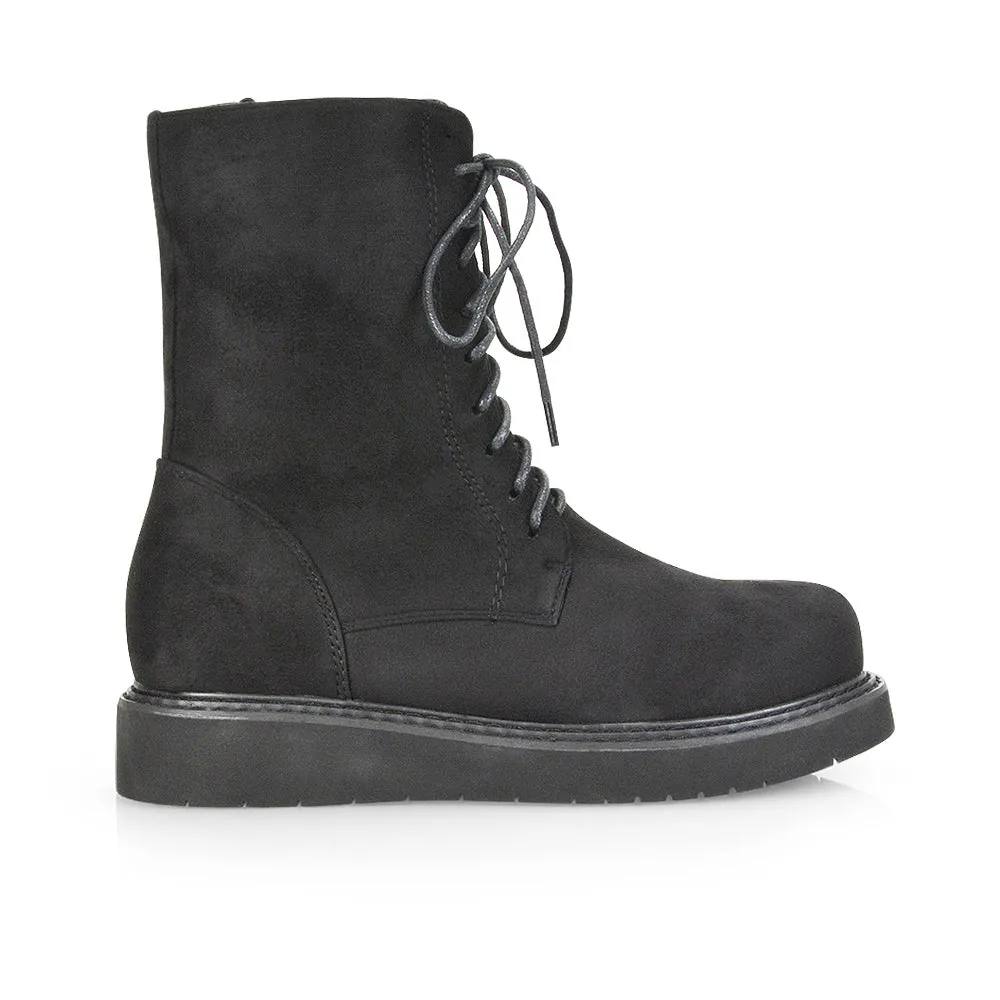 Lizzo Flat Chunky Sole Platform Zip-Up Flatform Lace up Ankle Biker Boots in Black PU