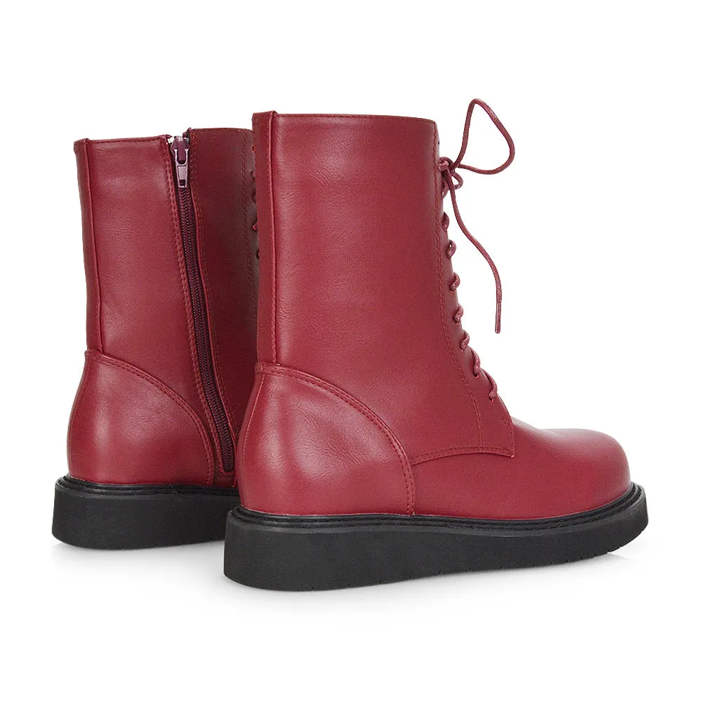 Lizzo Flat Chunky Sole Platform Zip-Up Flatform Lace up Ankle Biker Boots in Black PU
