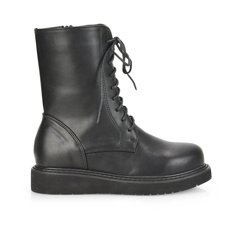 Lizzo Flat Chunky Sole Platform Zip-Up Flatform Lace up Ankle Biker Boots in Black PU