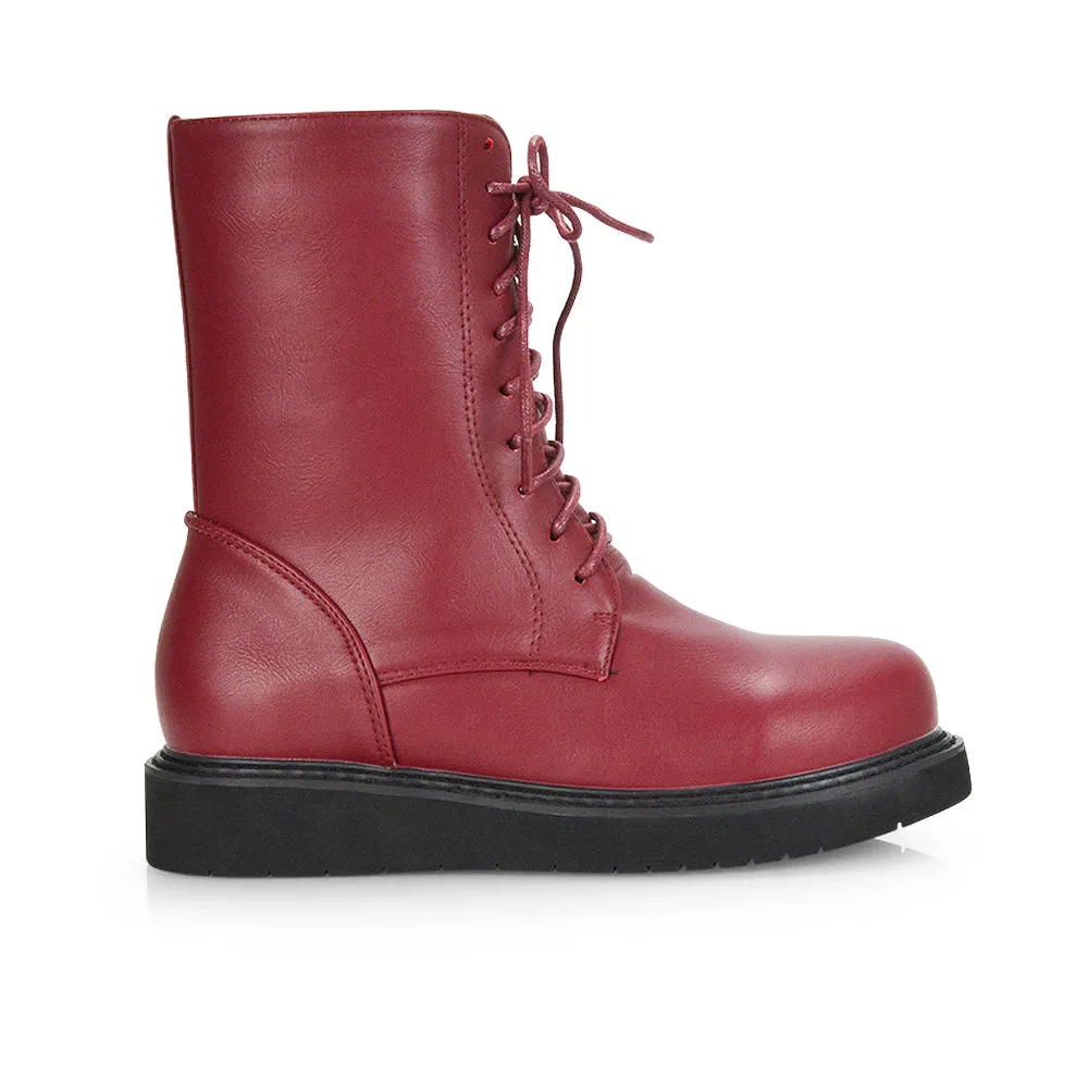 Lizzo Flat Chunky Sole Platform Zip-Up Flatform Lace up Ankle Biker Boots in Black PU