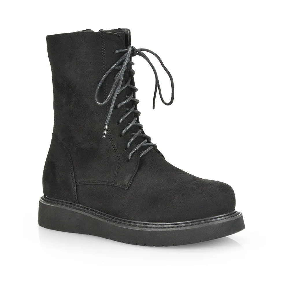 Lizzo Flat Chunky Sole Platform Zip-Up Flatform Lace up Ankle Biker Boots in Black PU