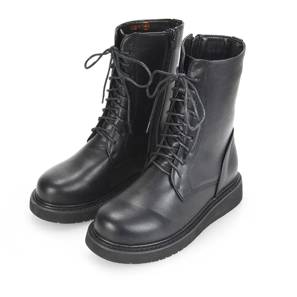 Lizzo Flat Chunky Sole Platform Zip-Up Flatform Lace up Ankle Biker Boots in Black PU