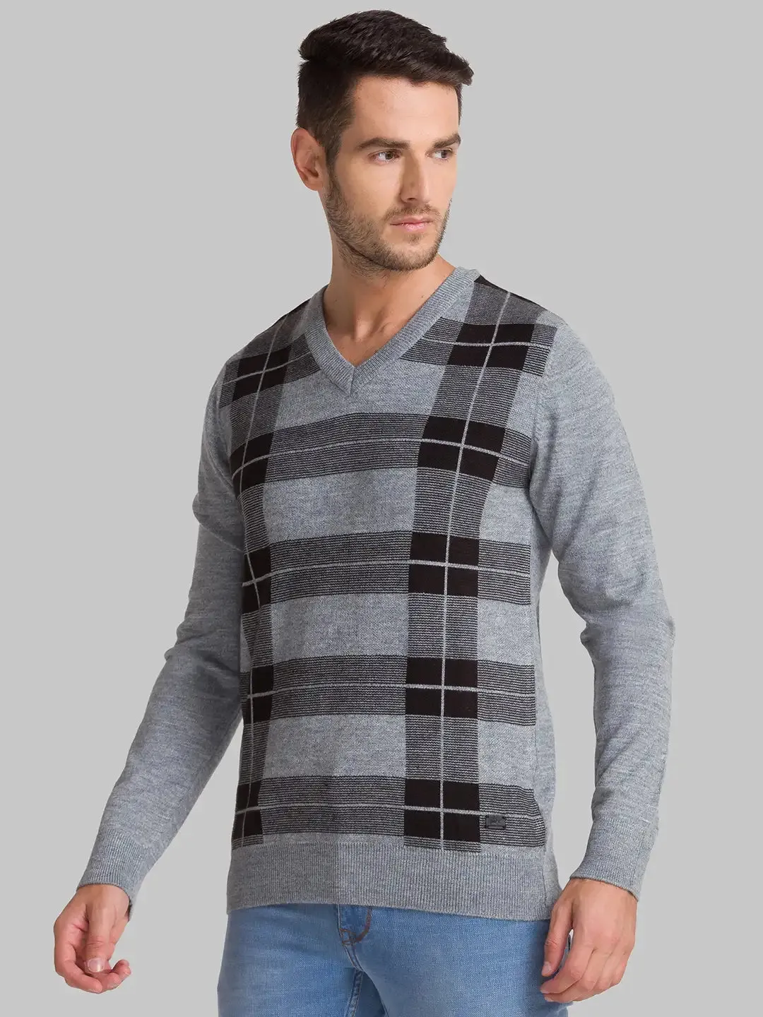 Men Grey Checks Acrylic Blend Full Sleeve Sweaters