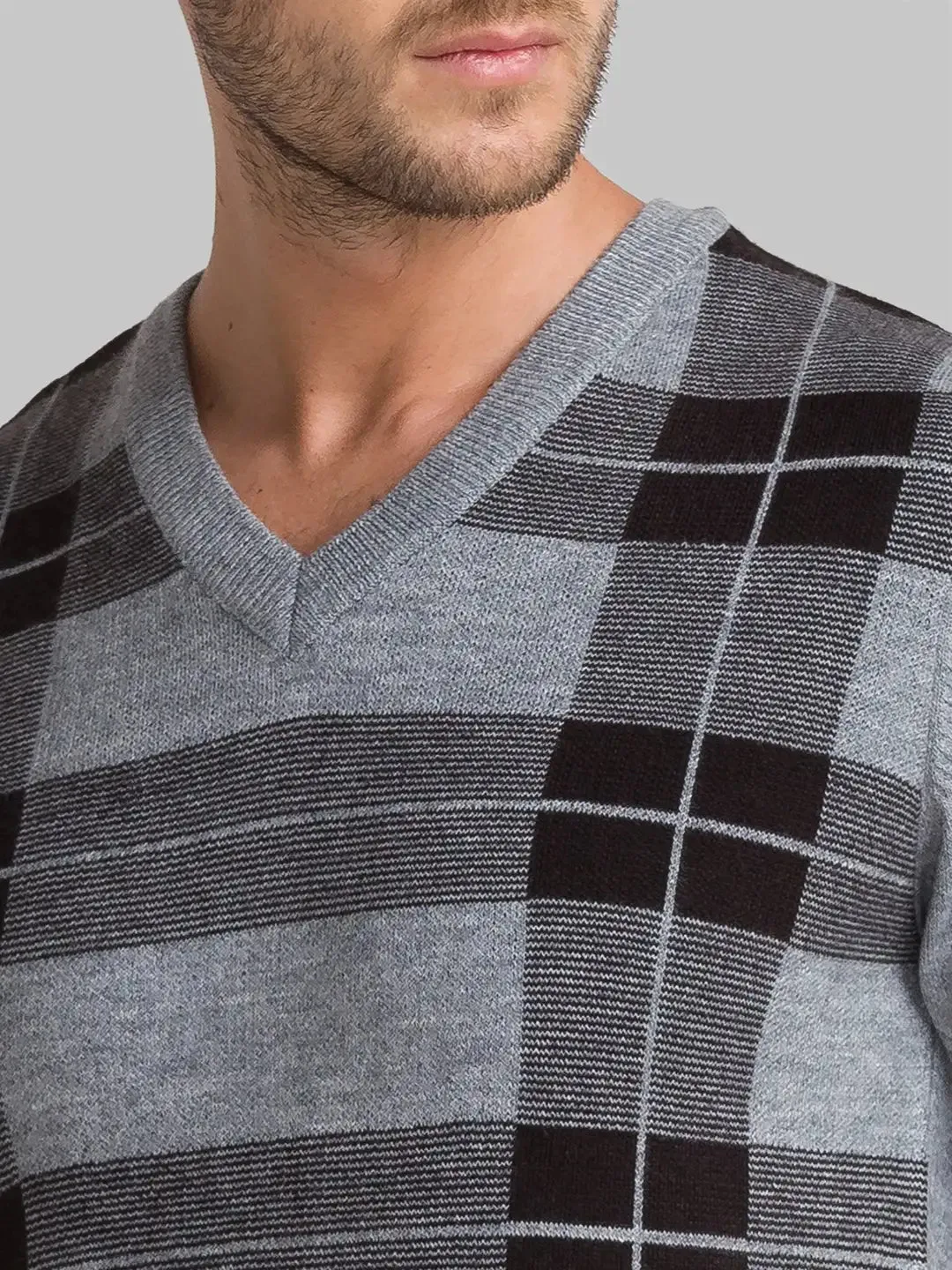 Men Grey Checks Acrylic Blend Full Sleeve Sweaters